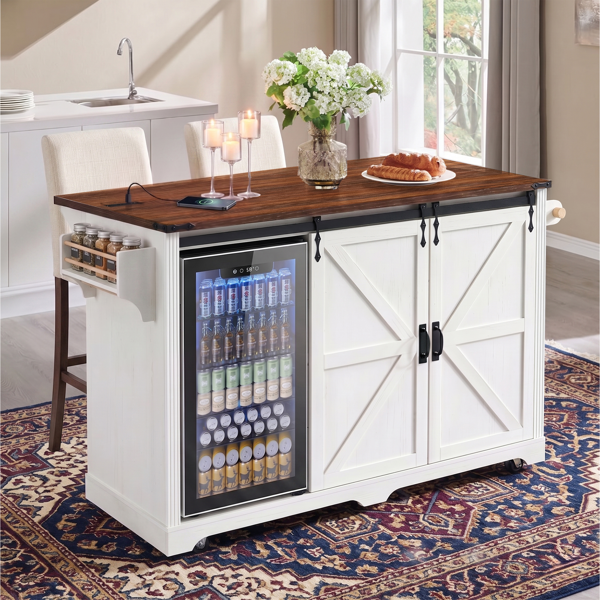 K&K 72" Farmhouse Kitchen Island with Fridge Storage Space & Power Outlet, Rolling Coffee Bar Cabinet on Wheels with 4 Drawers, Sliding Barn Door, Glass Holder, Drop Leaf, Island Kitchen Table, White-41