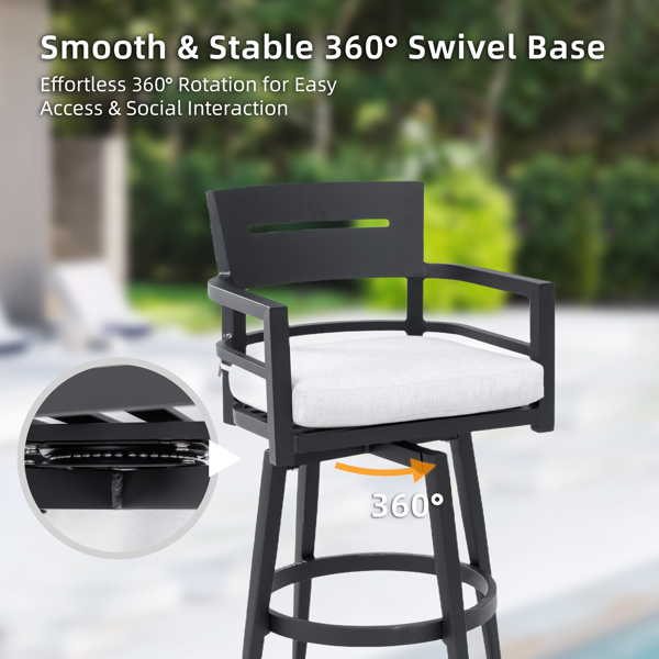 Modern Outdoor 2-Piece Swivel Bar Chairs – Aluminum Frame with Ember Black, 360° Swivel, Ergonomic Backrest & Armrests, Tapered Legs, Sunbrella Cushion, Weather-Resistant & Durable Patio Bar Stool-6