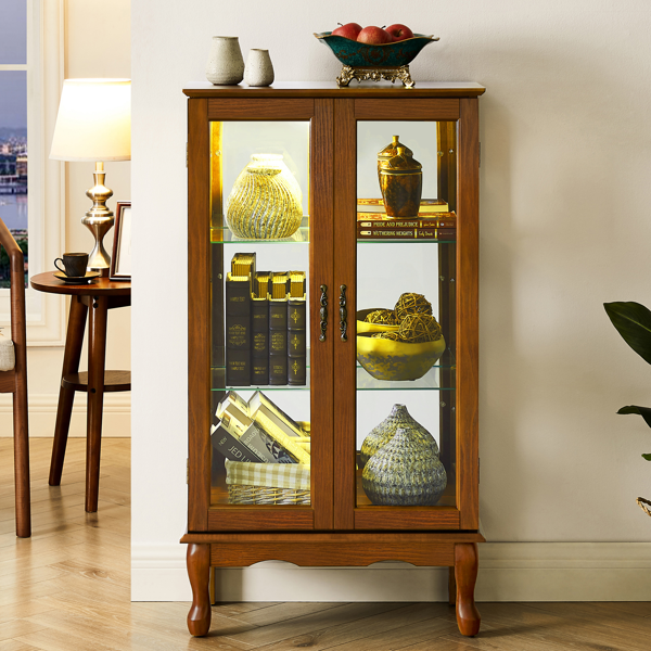 Curio Cabinet Lighted Curio Diapaly Cabinet with Adjustable Shelves and Mirrored Back Panel, Tempered Glass Doors (Oak, 3 Tier), (E26 light bulb not included)-3