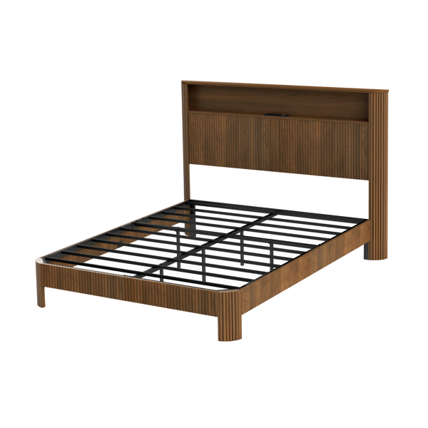 Queen Size bed frame with storage headboard, built-in charging station, wavy curved lines design, silent operation, metal support, Walnut-8
