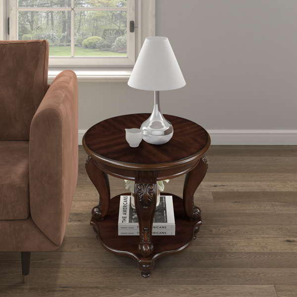 22'' Retro Round End Table,Solid Wood Sofa Side Table with Shelf,Living Room Corner Table Easy Assemble,Cherry-7