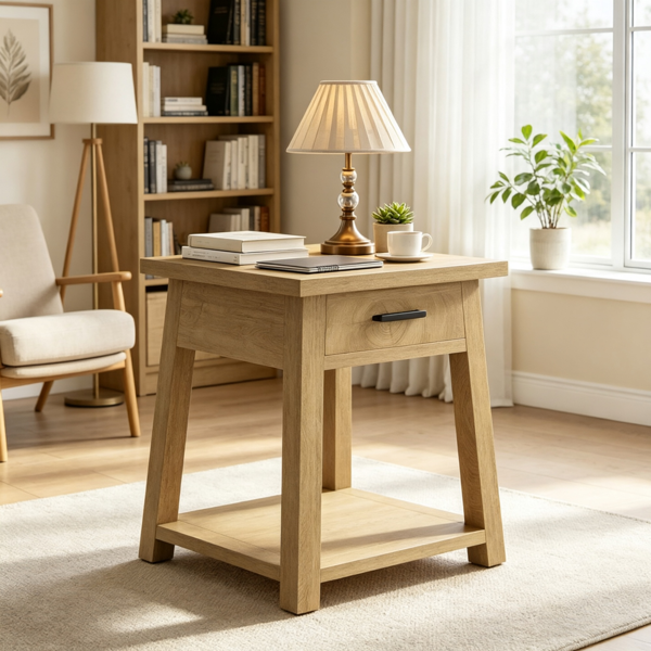带抽屉的2层茶几，带架子的木制边桌-5