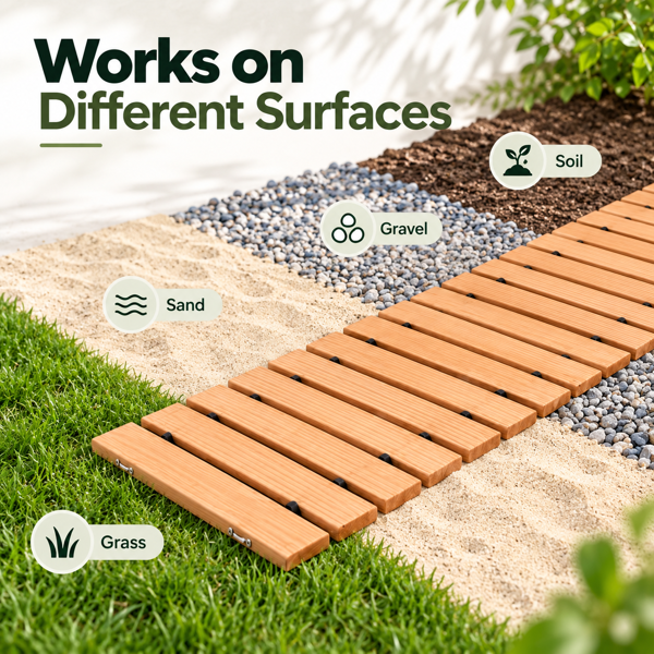 366 x 43 cmRoll-Out Wooden Walkway Mat, 1.5 cm Thick Portable Garden Pathway, Outdoor Wooden Boardwalk Path for Yard, Lawn, Beach, Patio and Camping-8