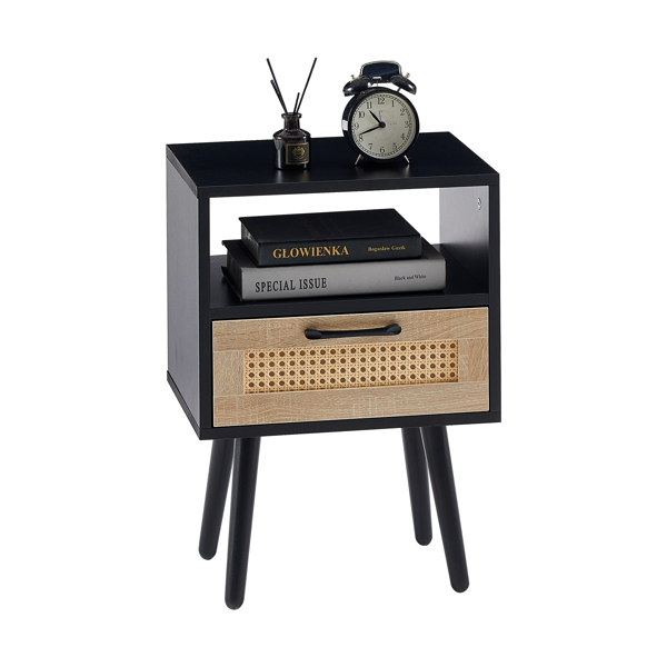 15.75" Rattan End table with  drawer and solid wood legs, Modern nightstand, side table for living room, bedroom, black-6