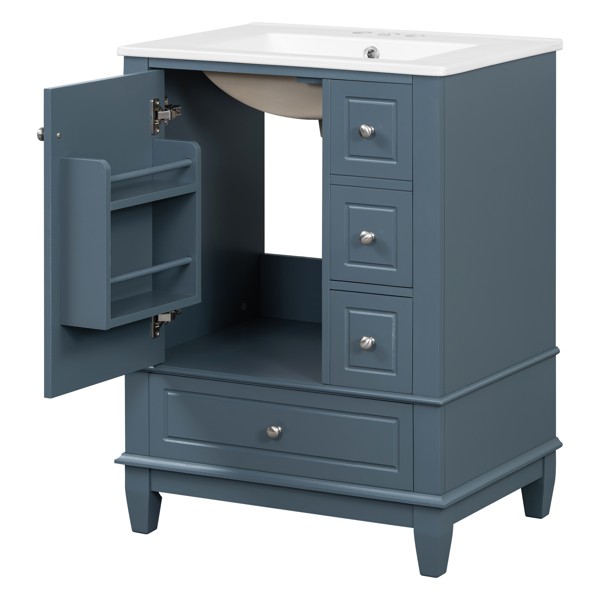 24" Bathroom Vanity with Sink and Drawers, Gray Blue Freestanding Vanity Cabinet with Ceramic Top and Storage Shelves, MDF and Solid Wood Base, Modern Sink Cabinet for Small Bathrooms-31