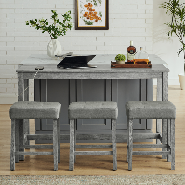 59 Inch Bar Table, Dining Table, Sofa Table with Power Outlet, 3 Upholstered Stools, 4 Piece Bar Table and Chair Set for Living Room, Dining Room, Kitchen-5
