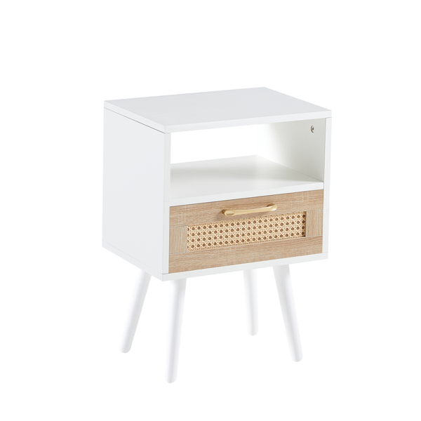 15.75" Rattan End table with  drawer and solid wood legs, Modern nightstand, side table for living room, bedroom, white-7