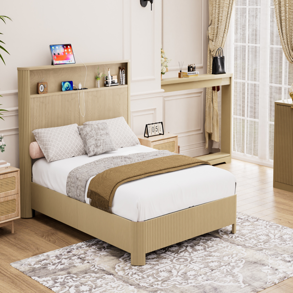 Queen Size bed frame with storage headboard, built-in charging station, wavy curved lines design, silent operation, metal support, Natural-3