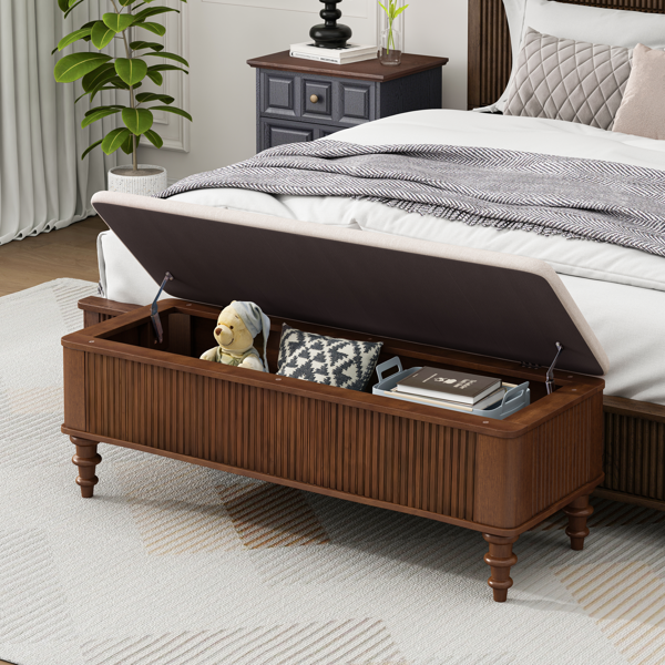 50.8-inch Multi-Functional Storage Ottoman Bench-Solid Rubberwood Bed End Bench with Linen Seat, Storage Bench for Bedroom, Entryway Shoe Organizer for Bedroom, Living Room, Entryway, Closet, Walnut-4