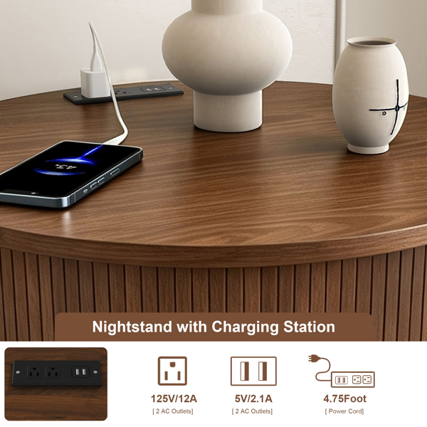 Mid Century Modern Cylinder End Table with Built-in Charging Station & Sliding Door, 2-Tier Storage Round Nightstand with USB Ports, Walnut Bedside Table for Living Room, Bedroom, Entryway-9