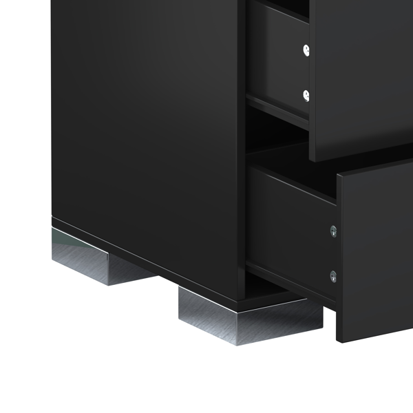 Elegant Nightstand with Metal Foot, Mirrored Bedside Table with 2 Drawers for Bedroom, Living Room, Black-8