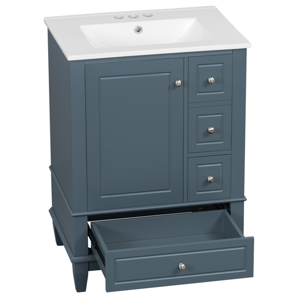 24" Bathroom Vanity with Sink and Drawers, Gray Blue Freestanding Vanity Cabinet with Ceramic Top and Storage Shelves, MDF and Solid Wood Base, Modern Sink Cabinet for Small Bathrooms-24