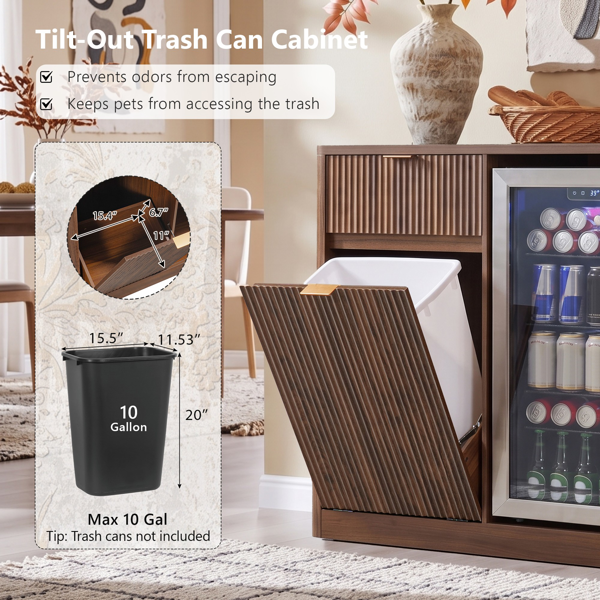 K&K 59" Coffee Bar Cabinet with Fridge Space & Tilt-Out Trash Cabinet, Mini Fridge Wine Cabinet with Storage/Charging Station, Fluted Buffet Sideboard with Glass Holder for Dining Room, Walnut Brown-31