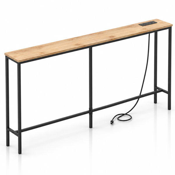 橡木色 160cm长 密度板贴三胺+铁 160*20*79cm 玄关桌 带排插（美标）-6