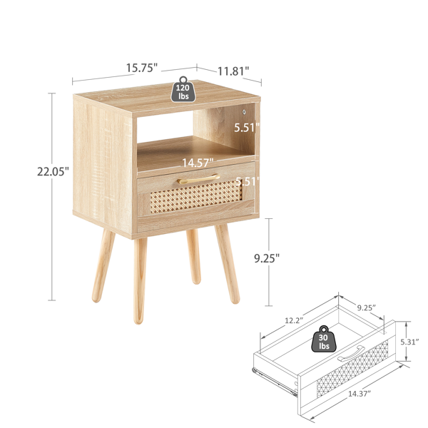 15.75" Rattan End table with  drawer and solid wood legs, Modern nightstand, side table for living room, bedroom,natural-4