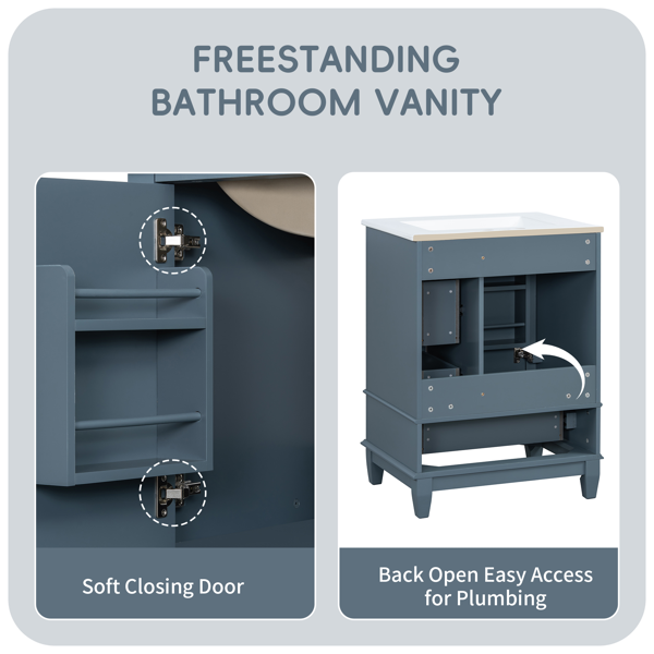 24" Bathroom Vanity with Sink and Drawers, Gray Blue Freestanding Vanity Cabinet with Ceramic Top and Storage Shelves, MDF and Solid Wood Base, Modern Sink Cabinet for Small Bathrooms-14