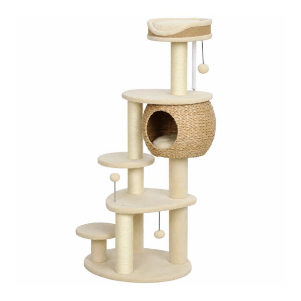 猫树52英寸猫塔，带手工编织的猫尾巴公寓床平台3根抓杆3个玩具球-2