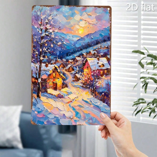 CIFbuy 1件2D平面金属壁饰 冬日村庄雪景，温馨小木屋装饰牌 8x12英寸（TikTok, temu 自提物流）-1