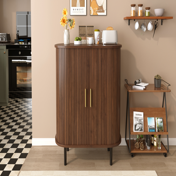 28" Fluted Wine Bar Cabinet with 8-Grid Wine Rack, 5-Level Adjustable Shelves, 2 Glass Holders, Smoothly Sliding Tambour Doors, 4 Hidden Storage Space on the Side, Modern Liquor Coffee Station, Walnut-22