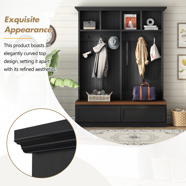 Farmhouse 4-in-1 Hall Tree with Wood Grain Bench, Mudroom Versatile Coat Rack with 2 Large Drawer, Entrance Organizer for Hallway, Living Room, Black, 55.9"W (OLD SKU: N721P313099B)-4