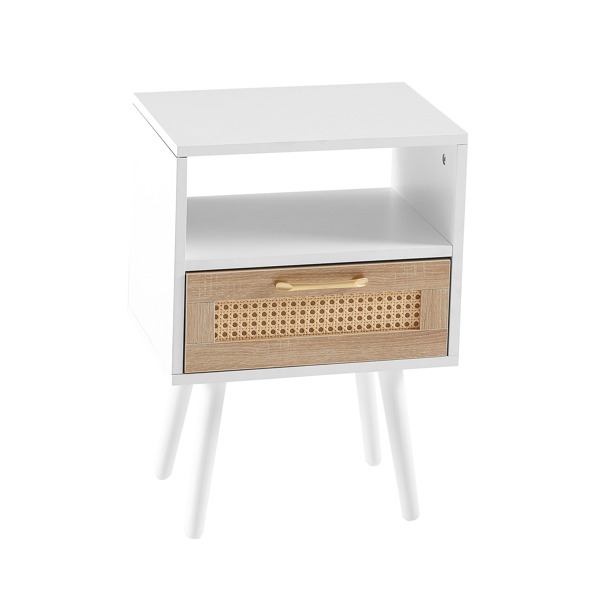 15.75" Rattan End table with  drawer and solid wood legs, Modern nightstand, side table for living room, bedroom, white-9