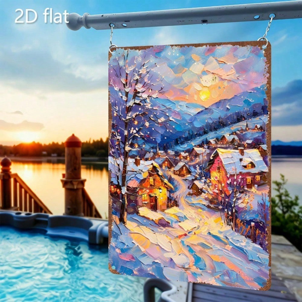 CIFbuy 1件2D平面金属壁饰 冬日村庄雪景，温馨小木屋装饰牌 8x12英寸（TikTok, temu 自提物流）-6