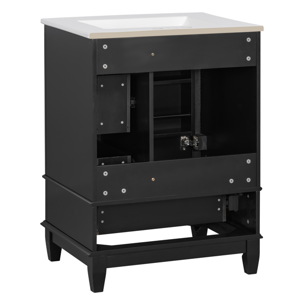 24" Bathroom Vanity with Sink and Drawers, Black Freestanding Vanity Cabinet with Ceramic Top and Storage Shelves, MDF and Solid Wood Base, Modern Sink Cabinet for Small Bathrooms-32