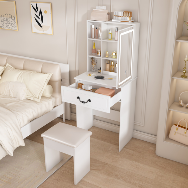 Modern Mini Dressing Table with LED-lit Mirror & Hidden Storage,Includes Padded Stool,Adjustable Brightness Vanity Desk,Multi-tier Dust-proof Shelves,White-8