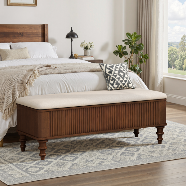 50.8-inch Multi-Functional Storage Ottoman Bench-Solid Rubberwood Bed End Bench with Linen Seat, Storage Bench for Bedroom, Entryway Shoe Organizer for Bedroom, Living Room, Entryway, Closet, Walnut-1