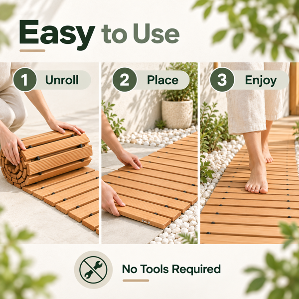 305 x 43 cmRoll-Out Wooden Walkway Mat, 1.5 cm Thick Portable Garden Pathway, Outdoor Wooden Boardwalk Path for Yard, Lawn, Beach, Patio and Camping-5