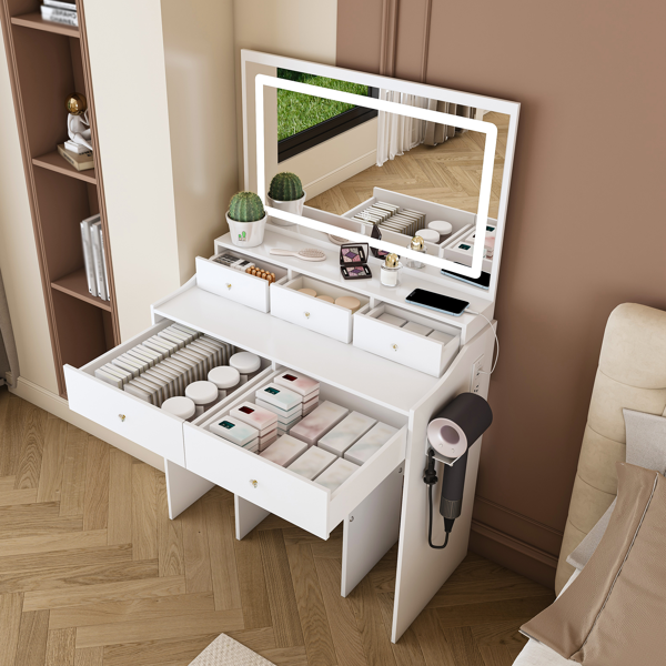 New Large Mirror Vanity Desk for Bed room  , Modern Makeup Vanity Set with Power Outlet and Hair dryer holder, 5 Drawers , 3 Lighting Color Adjustable Dressing Table for Bedroom, White Color-2
