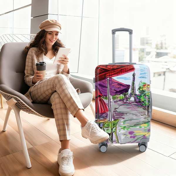 20"/24"/28" 3 pcs/set in PC Spinner Wheel Luggage, Carry on Suitcase, With Printed pattern and Combination Lock (Coffee+Iron Tower)-12