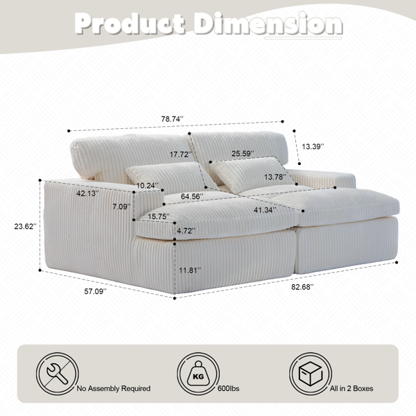 Double Chaise Lounge Chair Indoor,Oversized Upholstered Sleeper Cloud Couch,Deep Seat Luxury Sofa Bed,Sectional Sofa Chaise Love-seat,Corduroy Reading Chair for Living Room,No Assembly Required,White-19