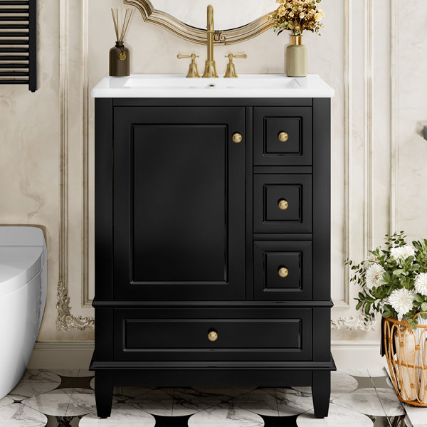 24" Bathroom Vanity with Sink and Drawers, Black Freestanding Vanity Cabinet with Ceramic Top and Storage Shelves, MDF and Solid Wood Base, Modern Sink Cabinet for Small Bathrooms-7