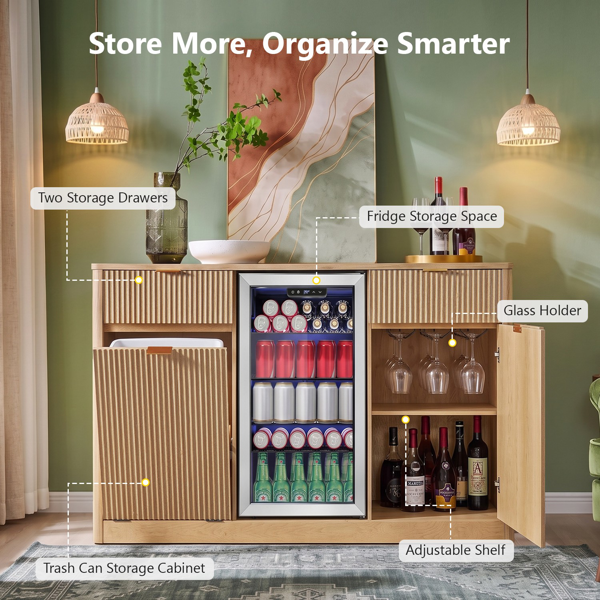 K&K 59" Coffee Bar Cabinet with Fridge Space & Tilt-Out Trash Cabinet, Mini Fridge Wine Cabinet with Storage/Charging Station, Fluted Buffet Sideboard with Glass Holder for Dining Room, Natural Oak-30