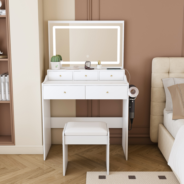 New Large Mirror Vanity Desk for Bed room  , Modern Makeup Vanity Set with Power Outlet and Hair dryer holder, 5 Drawers , 3 Lighting Color Adjustable Dressing Table for Bedroom, White Color-1