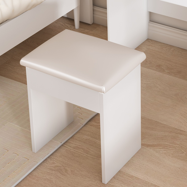 Modern Mini Dressing Table with LED-lit Mirror & Hidden Storage,Includes Padded Stool,Adjustable Brightness Vanity Desk,Multi-tier Dust-proof Shelves,White-9