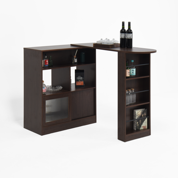 Modern Bar Cabinet with Rotating top, Counter Height Dining Cabinet with 6 Storage space and 2 Ribbed Glass Door for Kitchen, The Rotating Top with 3 Storage Shelves Dining Room, Living Room, Walnut-14