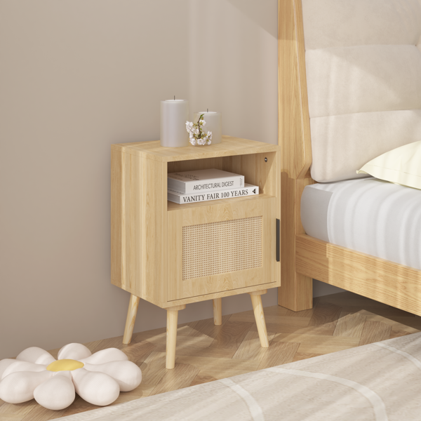 22.83'' H Rattan Nightstand, Side Table with Door Open Shelf,  Accent Bedside End Table with Solid Wood Legs for Bedroom, Dorm and Small Spaces, Oak-10