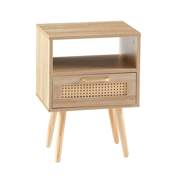 15.75" Rattan End table with  drawer and solid wood legs, Modern nightstand, side table for living room, bedroom,natural-7