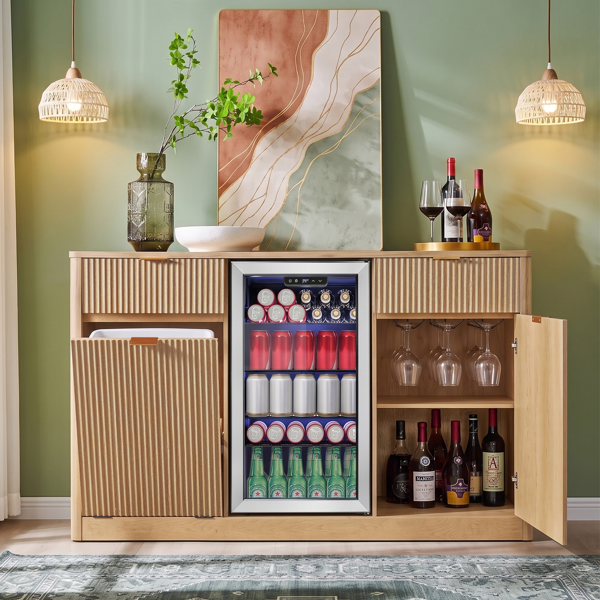 K&K 59" Coffee Bar Cabinet with Fridge Space & Tilt-Out Trash Cabinet, Mini Fridge Wine Cabinet with Storage/Charging Station, Fluted Buffet Sideboard with Glass Holder for Dining Room, Natural Oak-26