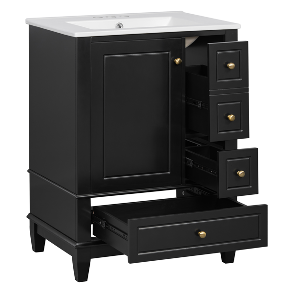 24" Bathroom Vanity with Sink and Drawers, Black Freestanding Vanity Cabinet with Ceramic Top and Storage Shelves, MDF and Solid Wood Base, Modern Sink Cabinet for Small Bathrooms-19