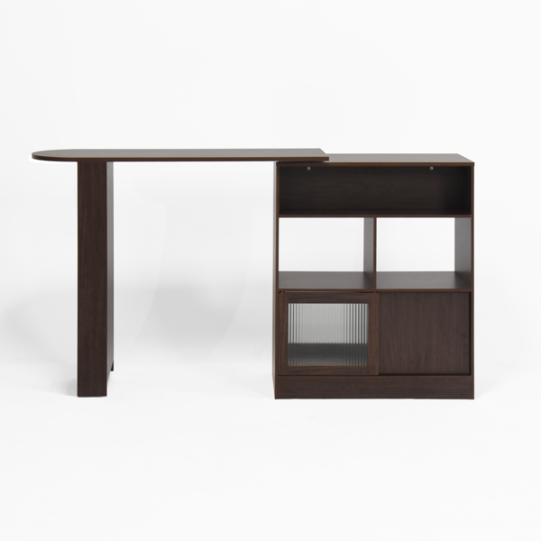 Modern Bar Cabinet with Rotating top, Counter Height Dining Cabinet with 6 Storage space and 2 Ribbed Glass Door for Kitchen, The Rotating Top with 3 Storage Shelves Dining Room, Living Room, Walnut-24