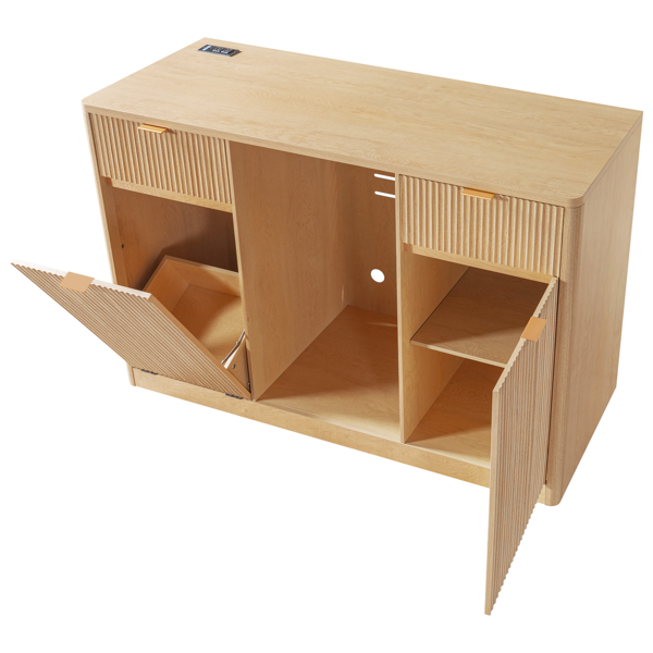 K&K 59" Coffee Bar Cabinet with Fridge Space & Tilt-Out Trash Cabinet, Mini Fridge Wine Cabinet with Storage/Charging Station, Fluted Buffet Sideboard with Glass Holder for Dining Room, Natural Oak-46