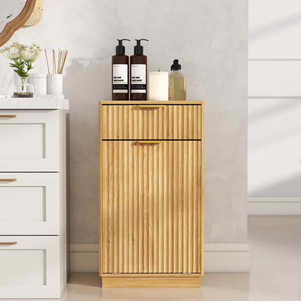 10-Gallon Woodgrain Tilt-Out Trash Can Cabinet with Wave-Textured Drawer & Pull-Out Bin - Multipurpose Kitchen/Bath Organizer in Oak Finish-9