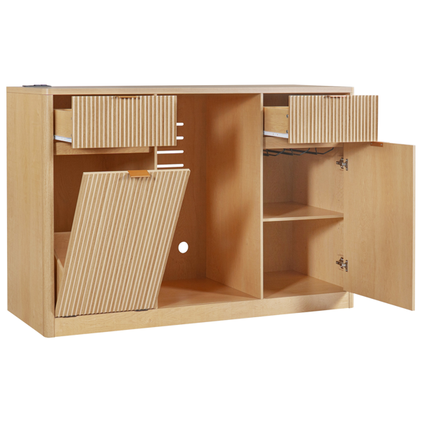 K&K 59" Coffee Bar Cabinet with Fridge Space & Tilt-Out Trash Cabinet, Mini Fridge Wine Cabinet with Storage/Charging Station, Fluted Buffet Sideboard with Glass Holder for Dining Room, Natural Oak-6