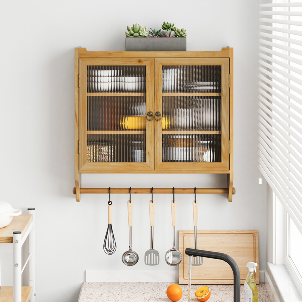 24.8''Glass Door Vintage Double Door Wall Cabinet With Three Tiers of Storage With Towel Rack,for Bathroom, Kitchen,,Dining Room,Natural-2
