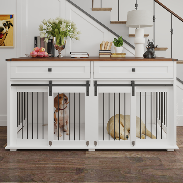 63'' Large Dog Crate Furniture for Double Dog, Wooden Dog Kennel with 2 Drawers,Divider and Sliding Door, Water Resistant Indoor Pets Furniture Style Double Dog Crates-10