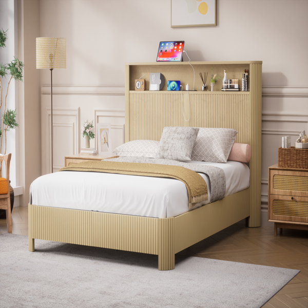 Queen Size bed frame with storage headboard, built-in charging station, wavy curved lines design, silent operation, metal support, Natural-4