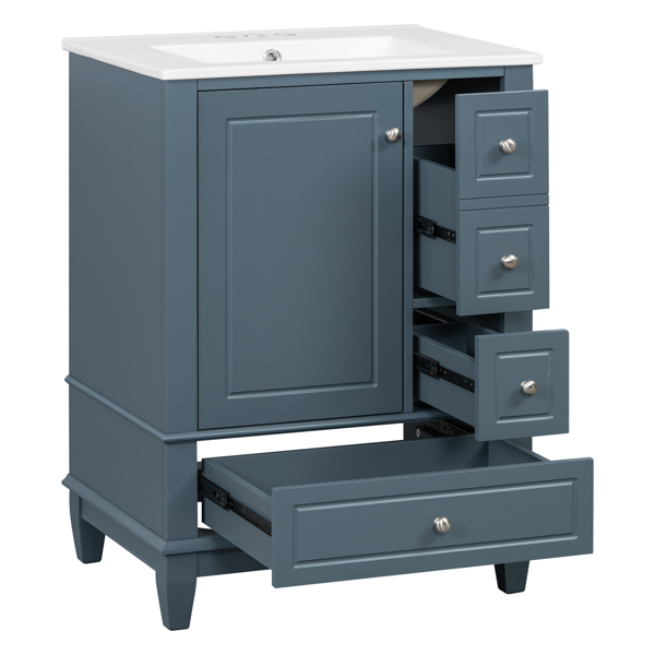 24" Bathroom Vanity with Sink and Drawers, Gray Blue Freestanding Vanity Cabinet with Ceramic Top and Storage Shelves, MDF and Solid Wood Base, Modern Sink Cabinet for Small Bathrooms-34